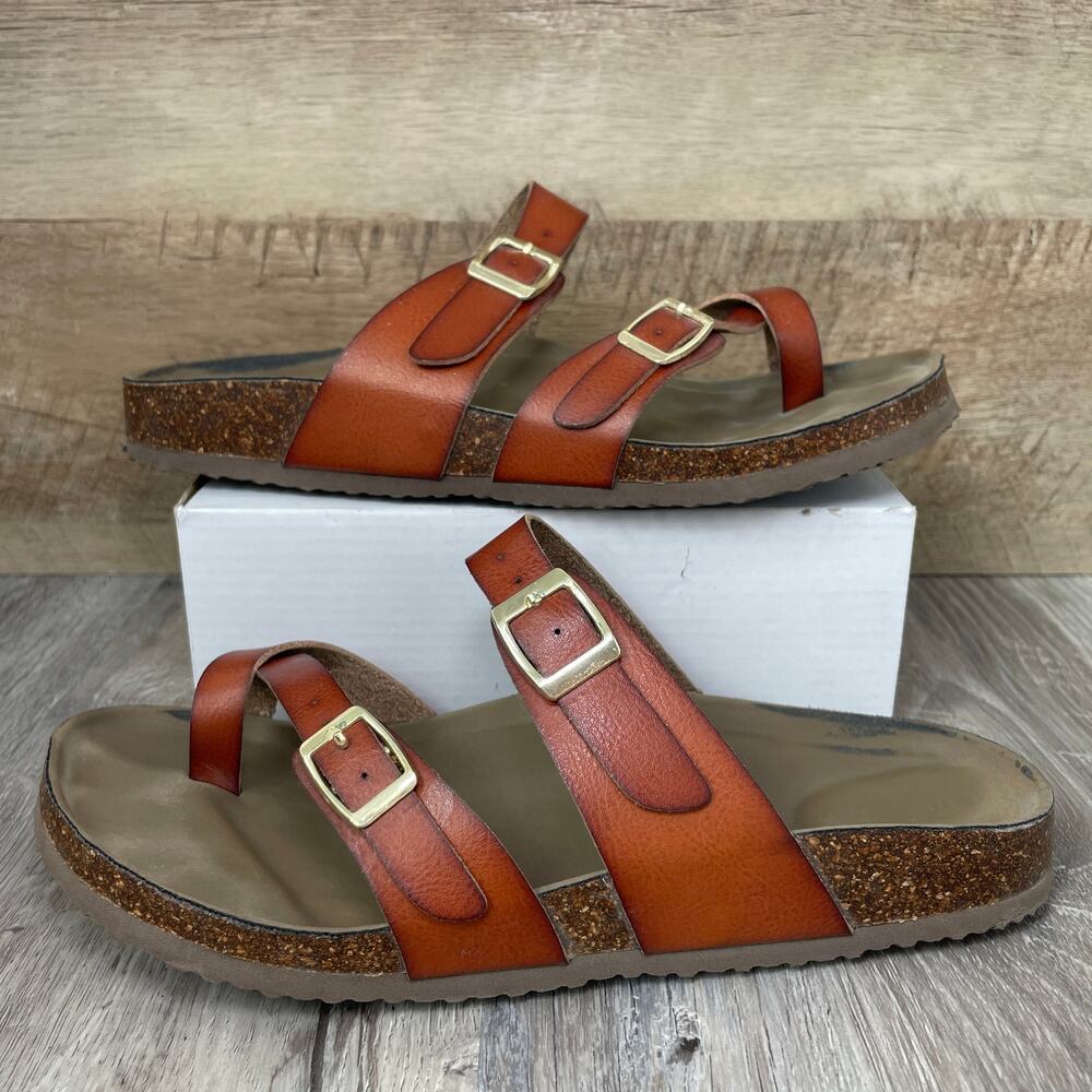Madden Girl 8 M Leather Slides Brown Gold Buckle Criss Cross Slip on Sandals - Picture 2 of 13